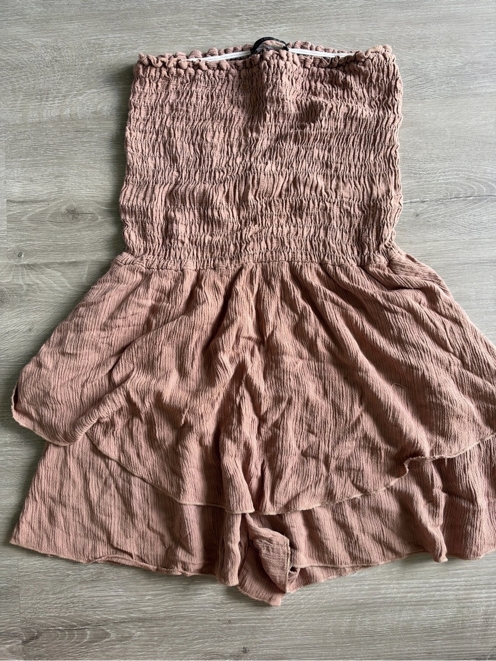 Smocked Strapless One-Piece Romper in Dusty Brown